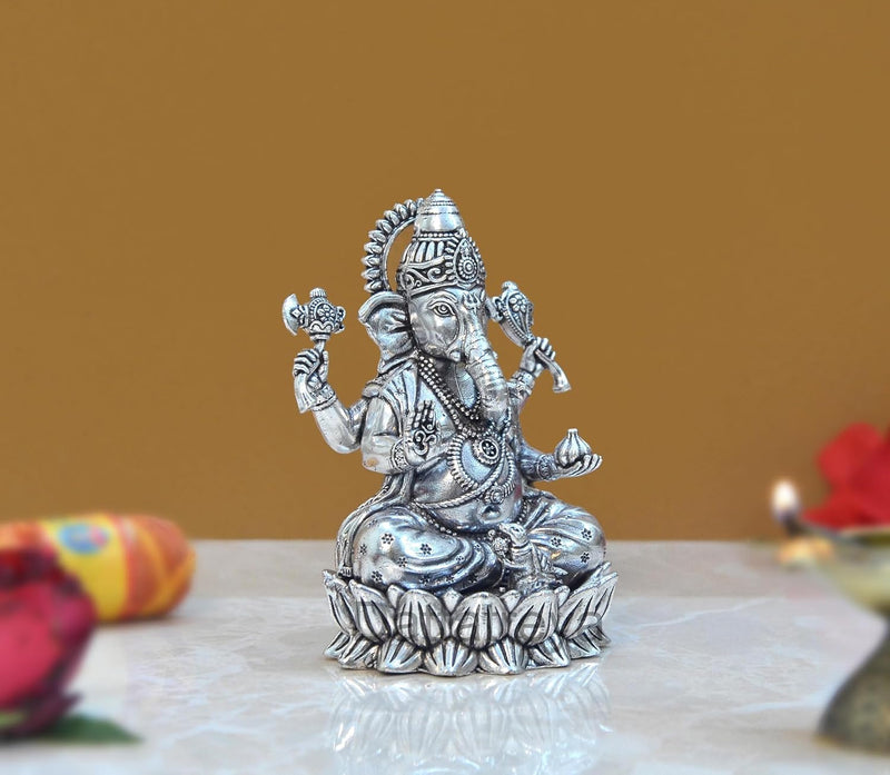 Bronze Lord Ganesha Sitting On Lotus Ganpati Idol Vinayak Religious Statue for Home Decor Mandir Pooja Decorative Showpiece, (Height 4 Inch)