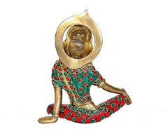 Indra Dev idol back view, seated pose with gold arched halo and green-red jewel robe