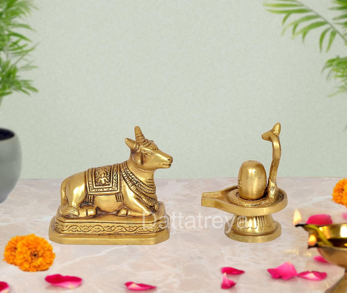 Brass Nandi statue with Shivling stand for pooja decor, small tabletop figurines