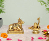 Brass Nandi statue with Shivling stand for pooja decor, small tabletop figurines