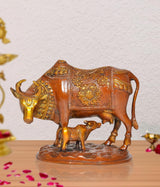 Brass cow with calf statue, ornate embossed details, on round base (6.5 in)