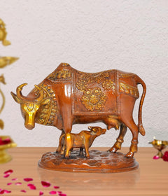 Brass cow with calf statue, ornate embossed details, on round base (6.5 in)
