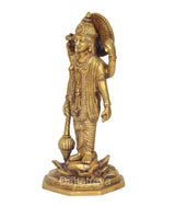 Brass standing Vishnu statue side view with tall fan halo, lotus pedestal