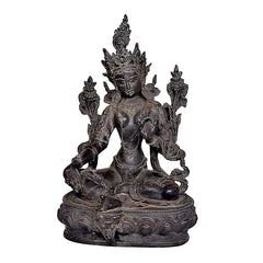 Front view Tara Devi statue with ornate crown and four arms, dark resin pedestal
