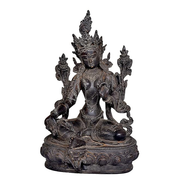 Polyresin Tara Devi Statue Tibetan Goddess Religious Green Tara Statue for Health Happiness Wealth Idol Home Decor Sculpture (Height 13 Inches)