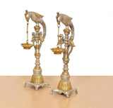 Ornate brass parrot diya oil lamp stands, set of 2, side view with hanging bowl