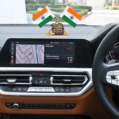 Metal Indian flag dashboard decor with Vande Mataram emblem and two crossed flags