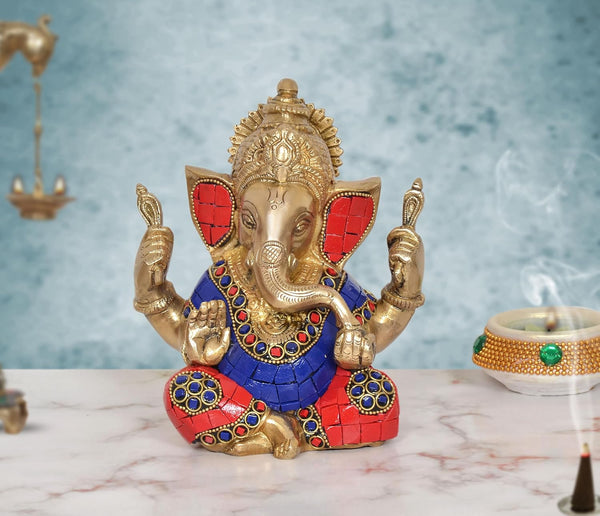 Brass Ganpati Bappa Murti (Height: 6 Inch) (Multicolor)