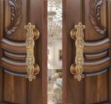 Brass floral door pull handle pair, golden finish with decorative filigree