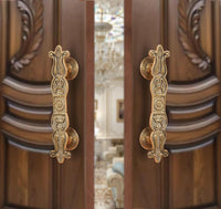 Brass floral door pull handle pair, golden finish with decorative filigree