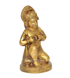 Brass Hanuman JI statue side view, detailed face and arms holding child