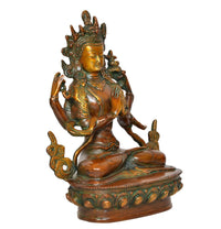 Brass Tara Devi statue, three-quarter view: crowned head, meditative arms, lotus pedestal
