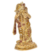 Brass Radha Krishna idol side view with ornate patterned robes and peacock flute, multicolor