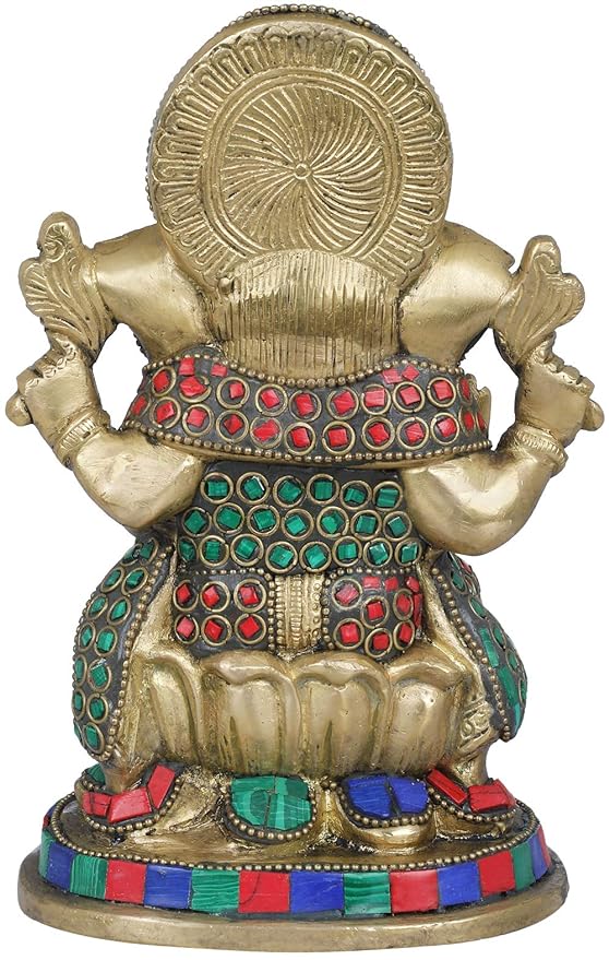 Brass Ganesh on Trunk Abstract Idol Ganesha Bhagwan Statue Murti Decorated in Multicolor Ganpati for Home Office Entrance Decor Good Luck Height 8 Inch