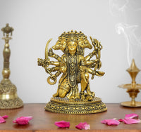 Golden brass Panchmukhi Hanuman statue, front view, ornate weapons, 4.5 in height