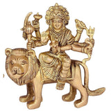 Maa Durga brass idol statue with lion base, raised four arms, ornate crown