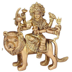 Maa Durga brass idol statue with lion base, raised four arms, ornate crown