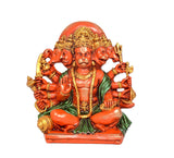 Panchmukhi Hanuman idol figurine, front view, five faces behind gold crown and orange halo