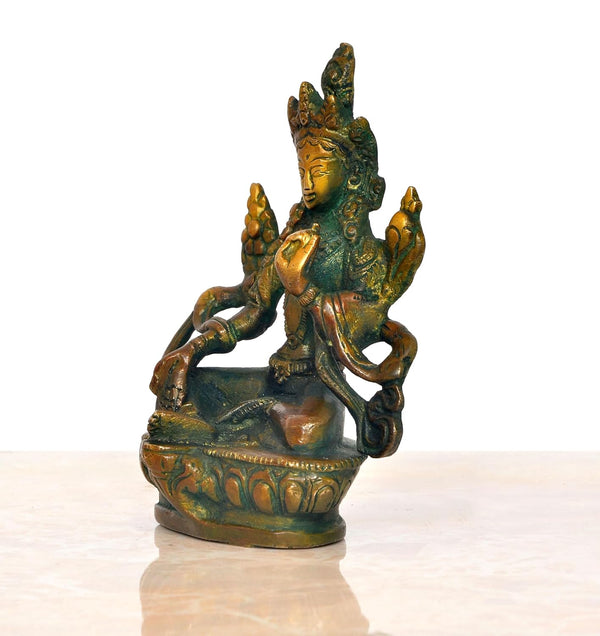 Brass Tara Devi Statue - Green Tara for Worship, Meditation Spaces, for Home Decor and Office, or as a Thoughtful Spiritual Gift. (Height 4.5 Inch) Study Setting