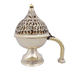 Brass incense burner with handle, pierced dome lid, 7 in tall