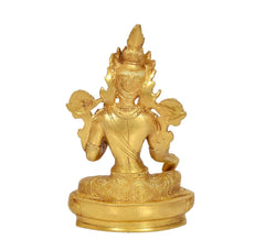 Brass Tara Devi statue rear/three-quarter view, seated figure on engraved base