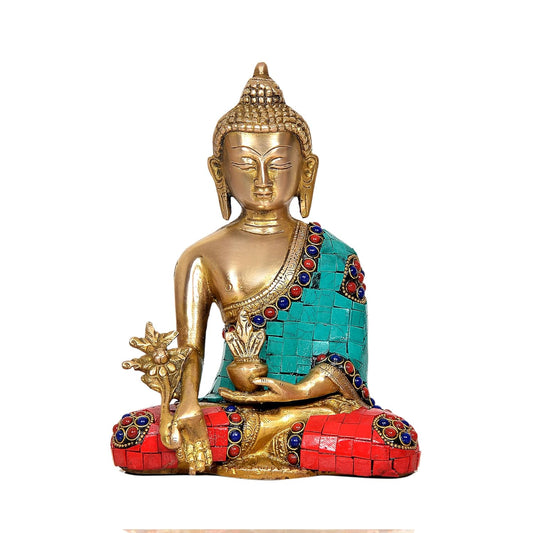 Brass Dhyan Mudra Buddha Statue - Handcrafted Spiritual Decor for Home and Office Decor - Meditating Buddha Idol (Height 8 Inch) (Multicolor Buddha)