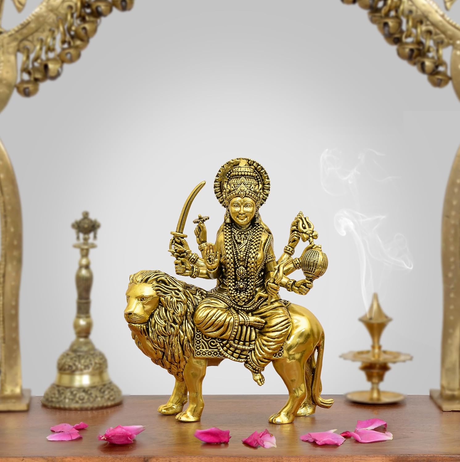 Bronze Durga Maa with Lion Idol Hindu Goddess Sherawali MATA Murti MATA Rani Statue Figurine Home Temple (Height: 5 Inch)