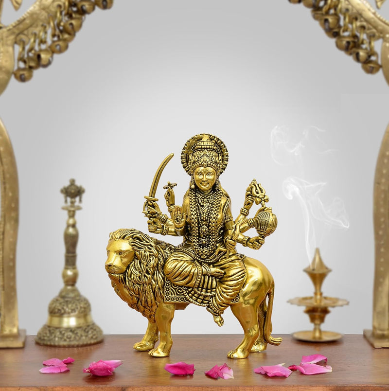 Bronze Durga Maa with Lion Idol (Height: 6 Inch)