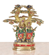 Brass Lord Radha Krishna under tree idol sculpture, flute-playing figures