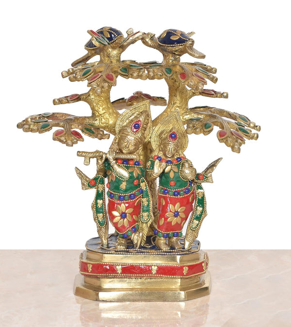 Brass Lord Radha Krishna Under The Tree Idol Figurine Sculpture Playing Flute Statue Decorative Showpiece, (Height 9.5 Inch)