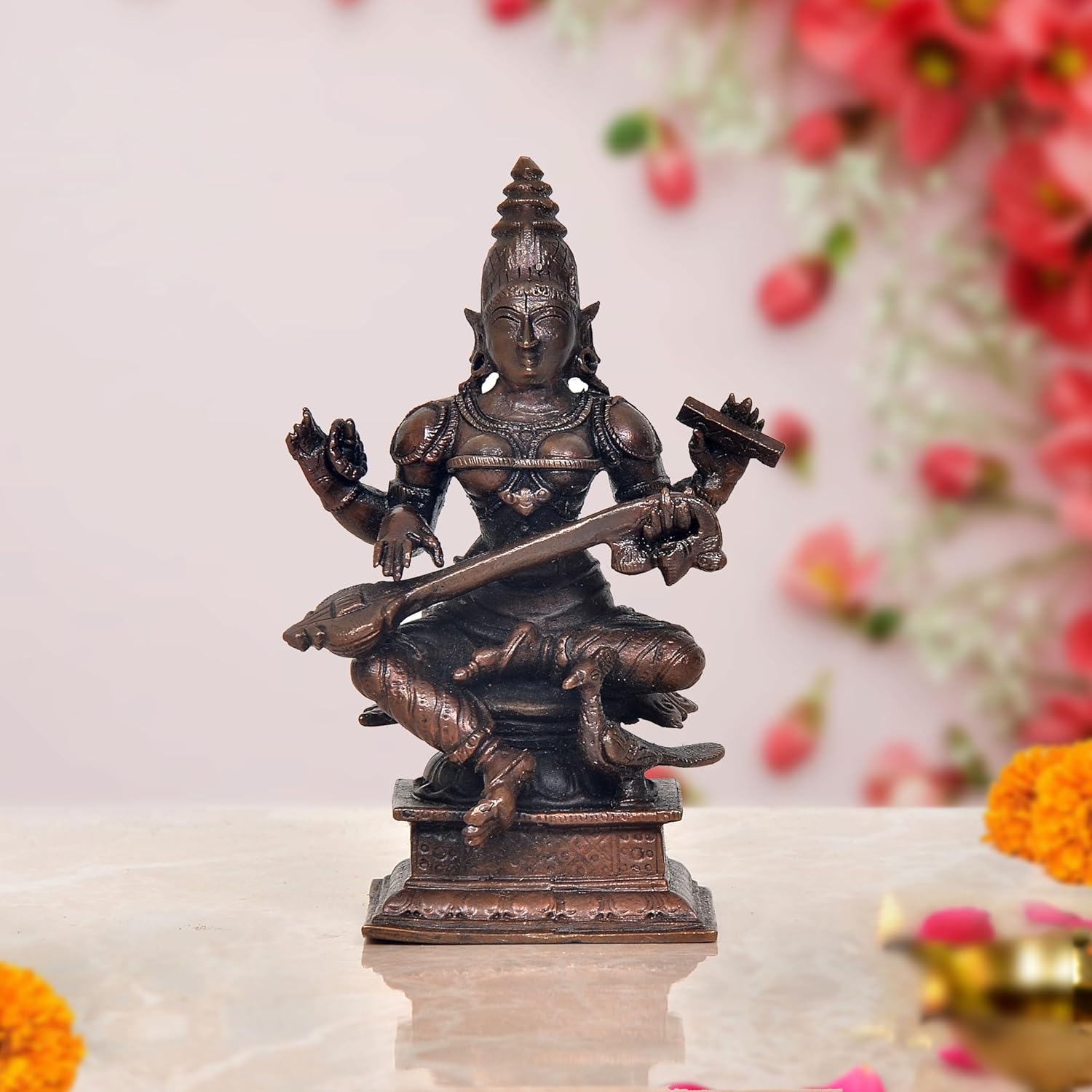 Copper Goddess Maa Saraswati Seated on Swan Devi of Study Maa Saraswati for Home Temple and Spiritual Decor (Height:4.5 Inch)