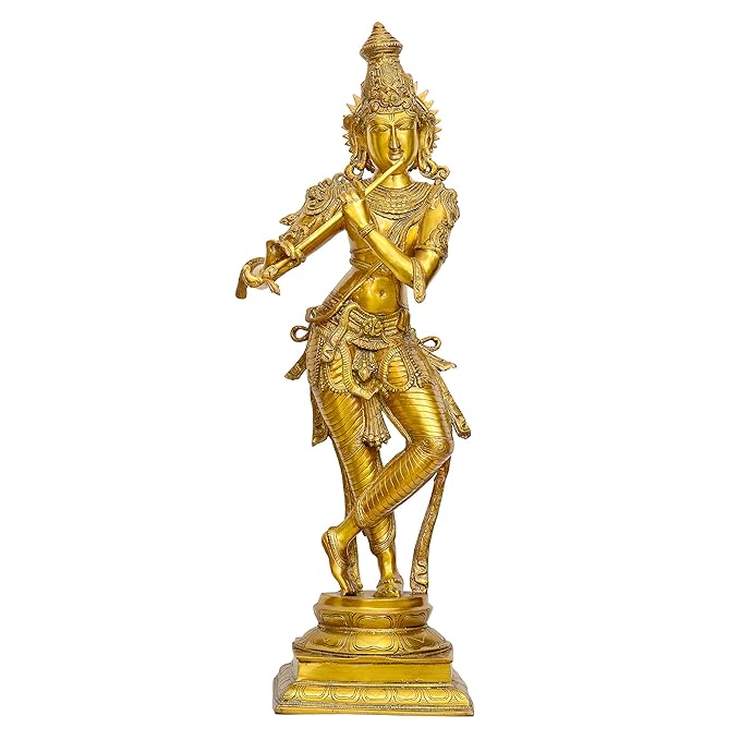 Brass Krishna Murli Manohar statue with flute, ornate gold-tone figure