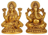 Brass sitting Ganesha and Lakshmi idol statue, angled view, gold-toned finish
