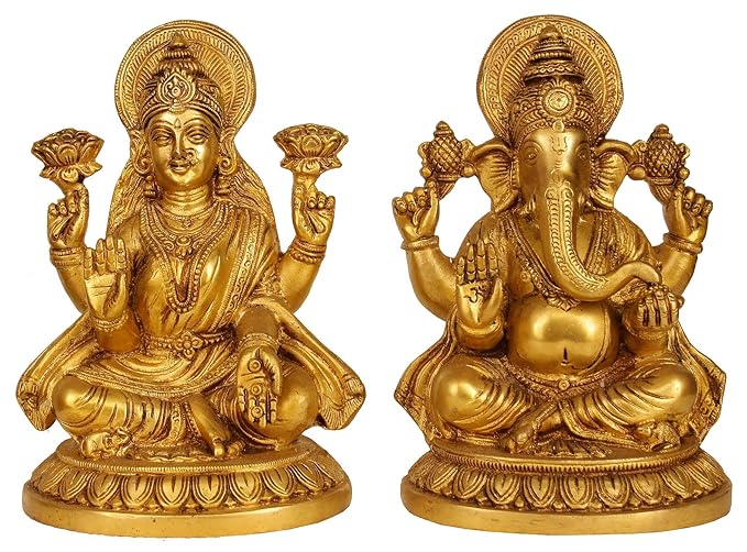 Brass Sitting Ganesha Ganesh Laxmi Lakshmi Idol Statue Murti for Diwali Pooja, Height : 8 inch