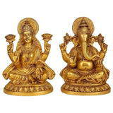 Brass sitting Ganesha and Lakshmi idol statue, front view, 8 inch