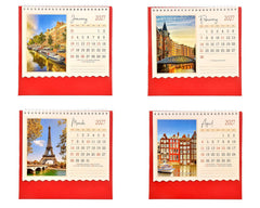 Tabletop calendar showing Jan–Apr 2027 month grids on red backing