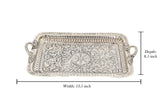 Ornate silver-toned serving tray with handles, depth 8.5 in, width 13.5 in