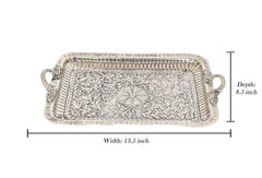 Ornate silver-toned serving tray with handles, depth 8.5 in, width 13.5 in