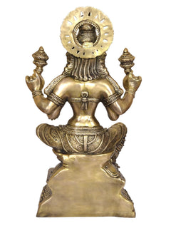 Lakshmi statue back view, round halo and draped hair, brass tone