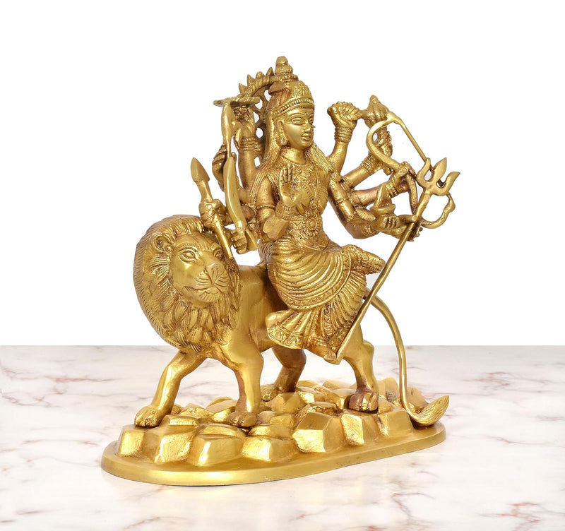 Brass Durga Maa with Lion Statue (Height 9 Inch)
