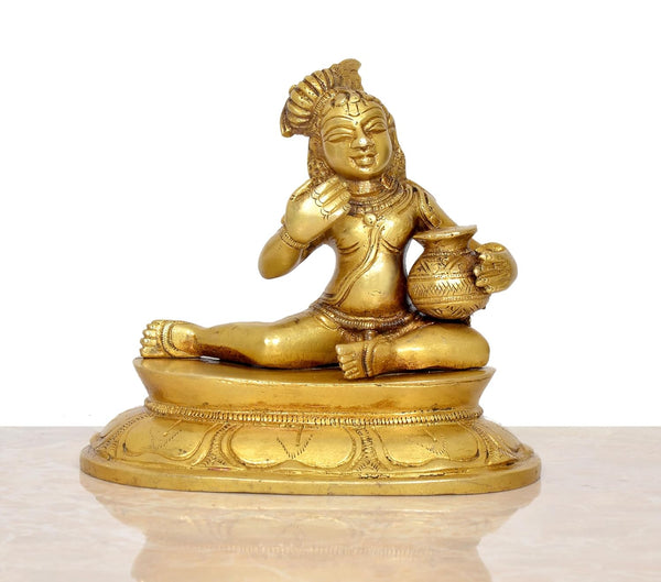 Brass Butter Krishna Bal Gopal Krishna Laddu Gopal Idol Statue | for Pooja Home Decor Mandir | (Height 5 Inch)