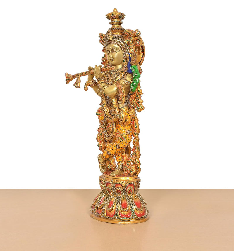 Handcrafted Brass Krishna Idol with Flute and Peacock Feather (Height 18 Inch)