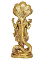 Back view brass Vishnu idol with ornate headpiece and coiled Sheshanaag base