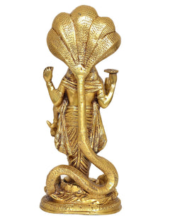 Back view brass Vishnu idol with ornate headpiece and coiled Sheshanaag base