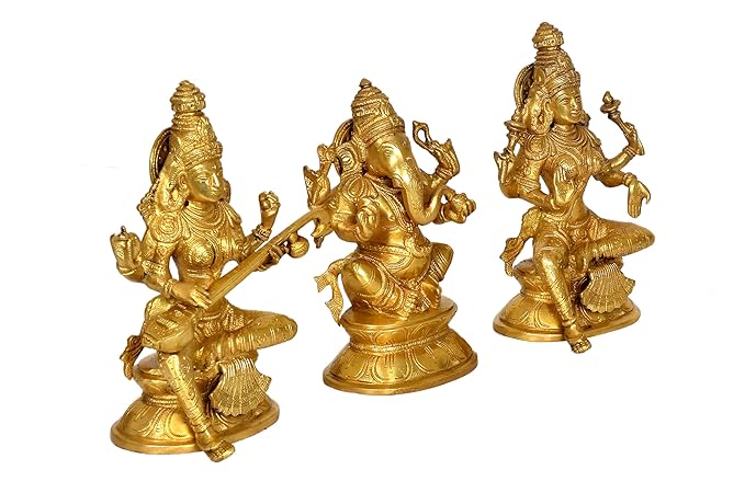 Brass Lakshmi Ganesh Saraswati Statue (Height : 8 Inches)