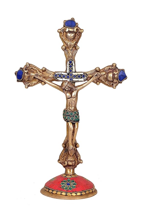 Brass Jesus Cross Statue Idol for Home Decor Showpiece for Living Room | 11.5 inches (Green)