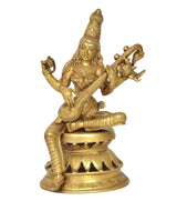 Brass Saraswati statue seated with veena, raised hands and detailed crown, ornate base