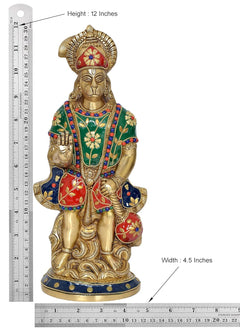 Brass Hanuman idol with height 12 inches and width 4.5 inches, colorful inlay