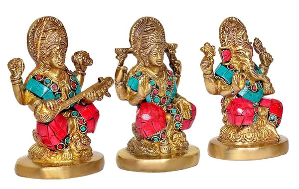 Goddess Lakshmi Ganesha Saraswati Brass Idol Lakshmi Ganesh Murti, Height 5 Width 3.5 Inches Entryway Setting