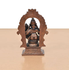 Copper Lakshmi Narasimhar idol side-back view, detailed arch and patterned base